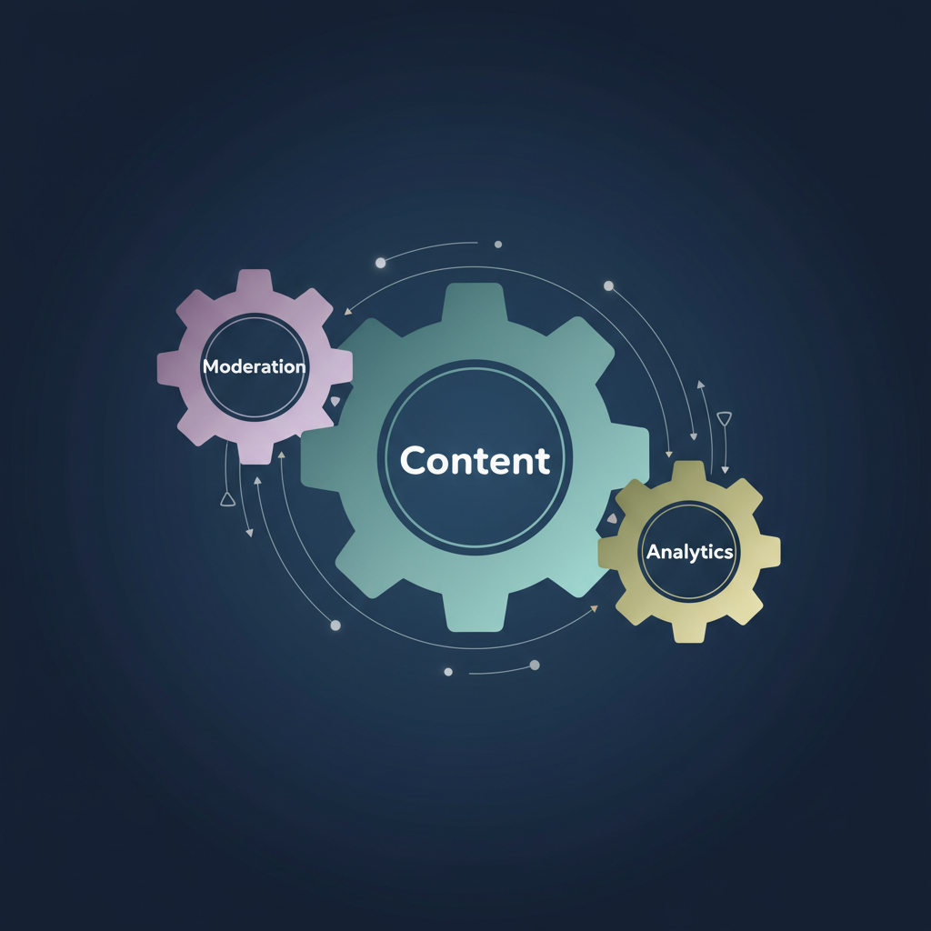 An abstract image showing three interconnected gears for Moderation, Content, and Analytics, illustrating the components of Telegram channel management.
