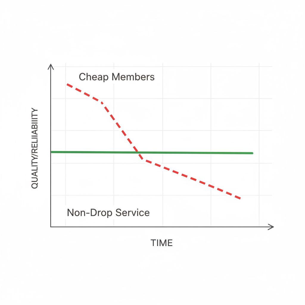 Line graph comparing member retention. A 'Cheap Members' line drops sharply, while a 'Non-Drop Service' line remains stable over time, showing its value.