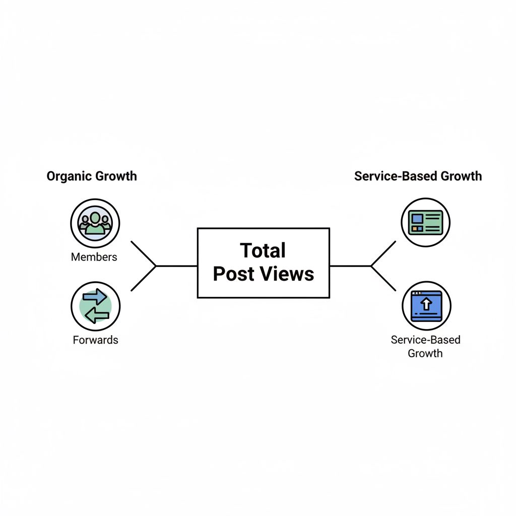 A diagram showing two paths to Telegram post views. On the left, an 'Organic' path with icons for members and forwards. On the right, a 'Delivered' path with an icon for a panel service. Both paths point to a central 'Total Post Views' counter.