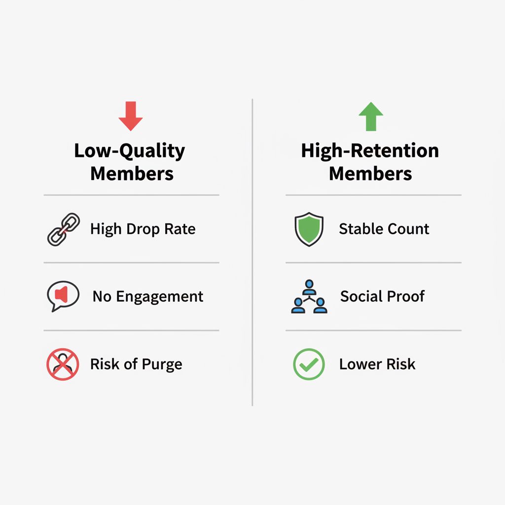 A comparison chart showing the difference between low-quality Telegram members with high drop rates and high-retention members that provide stable social proof.