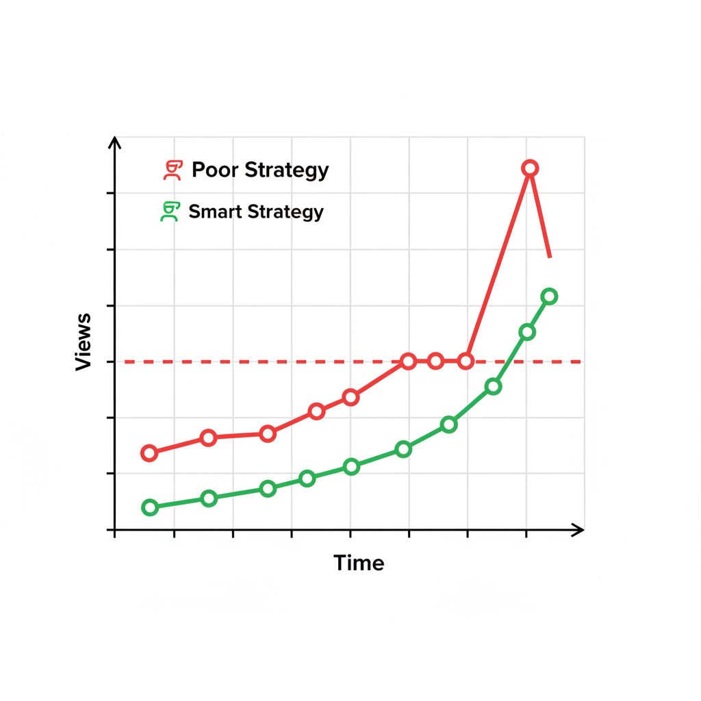A simple line graph contrasting two strategies for buying Telegram views. One line, labeled 'Poor Strategy', shows a massive, sharp spike in views. The other line, labeled 'Smart Strategy', shows a steady organic baseline with smaller, periodic boosts that create a healthier growth curve.
