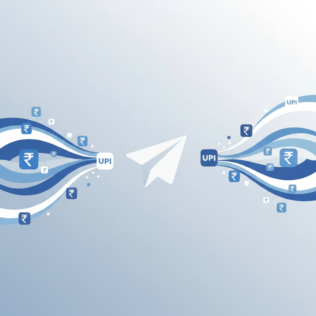 An illustration showing Indian Rupee and UPI symbols being transferred to the Telegram logo, representing the payment process for Telegram Premium in India.