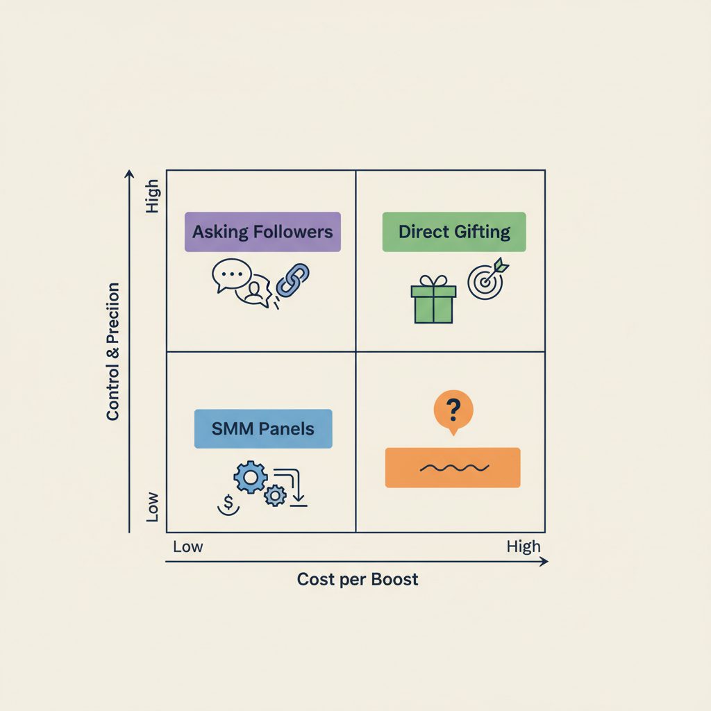 Chart comparing Telegram boost methods. SMM panels have the lowest cost, while direct gifting offers the most control.