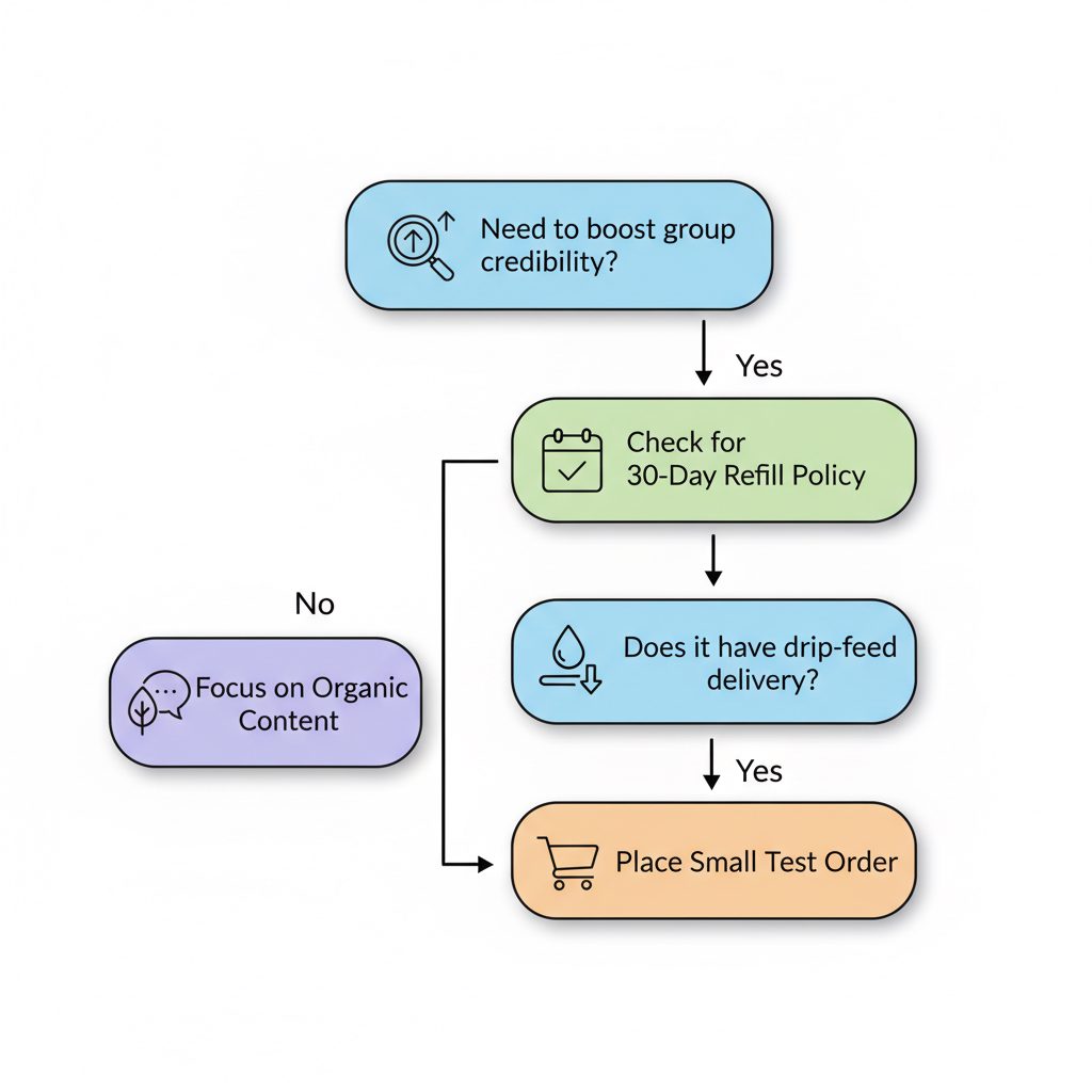 Flowchart guiding a user on whether to buy Telegram members, emphasizing checking for refill policies and starting with a test order.