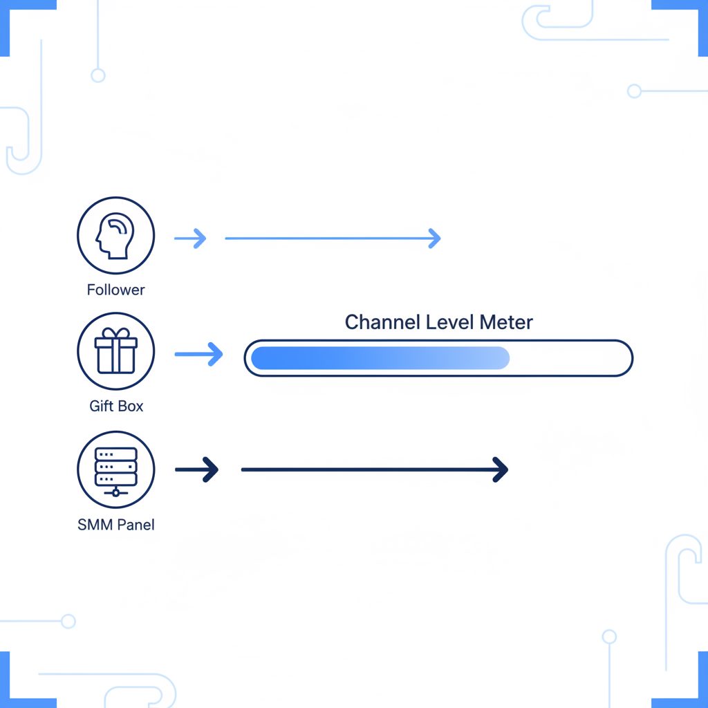 Diagram showing how followers, gifts, and SMM panels provide boosts to level up a Telegram channel.