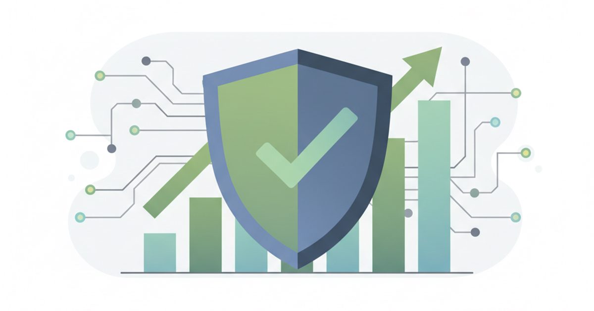 An illustration showing a shield with a checkmark protecting a rising bar chart, symbolizing the safe growth of a Telegram channel's member count.