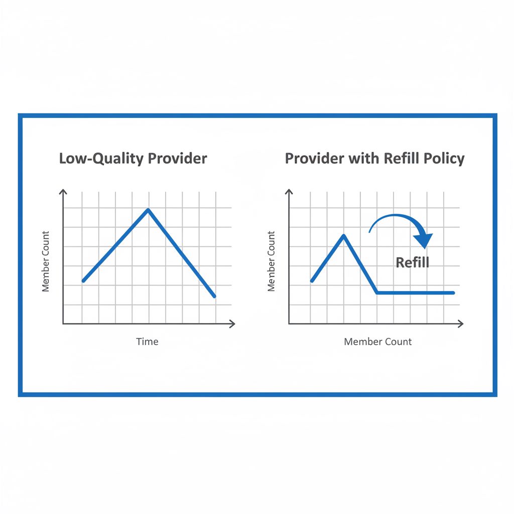 Chart comparing member retention rates from low-quality vs. high-quality providers, showing a steep drop versus a stable count with refills.
