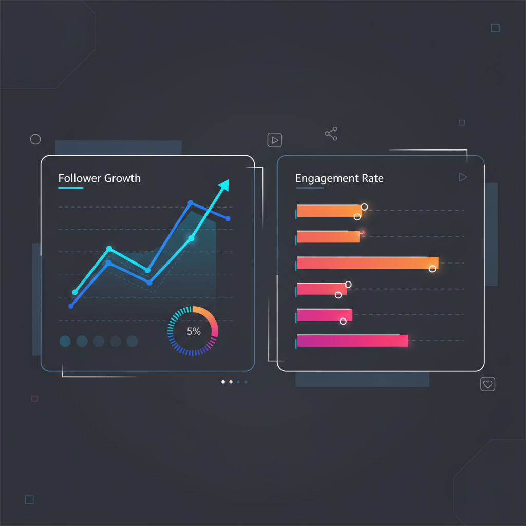 An abstract representation of an analytics dashboard with charts showing follower growth and engagement rate over time.